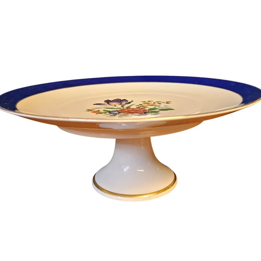 JKW Western Germany Fine Porcelain Floral Pedestal Cake Stand Cobalt Blue Gold